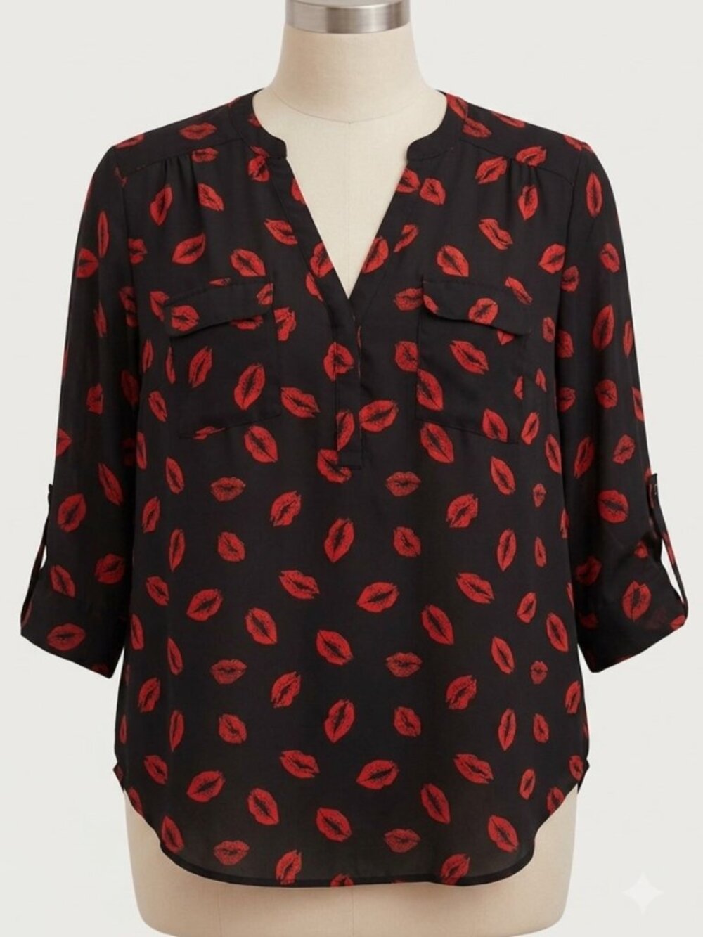 Torrid Red Kiss Black Tunic Top 0 3/4 camp sleeves high low